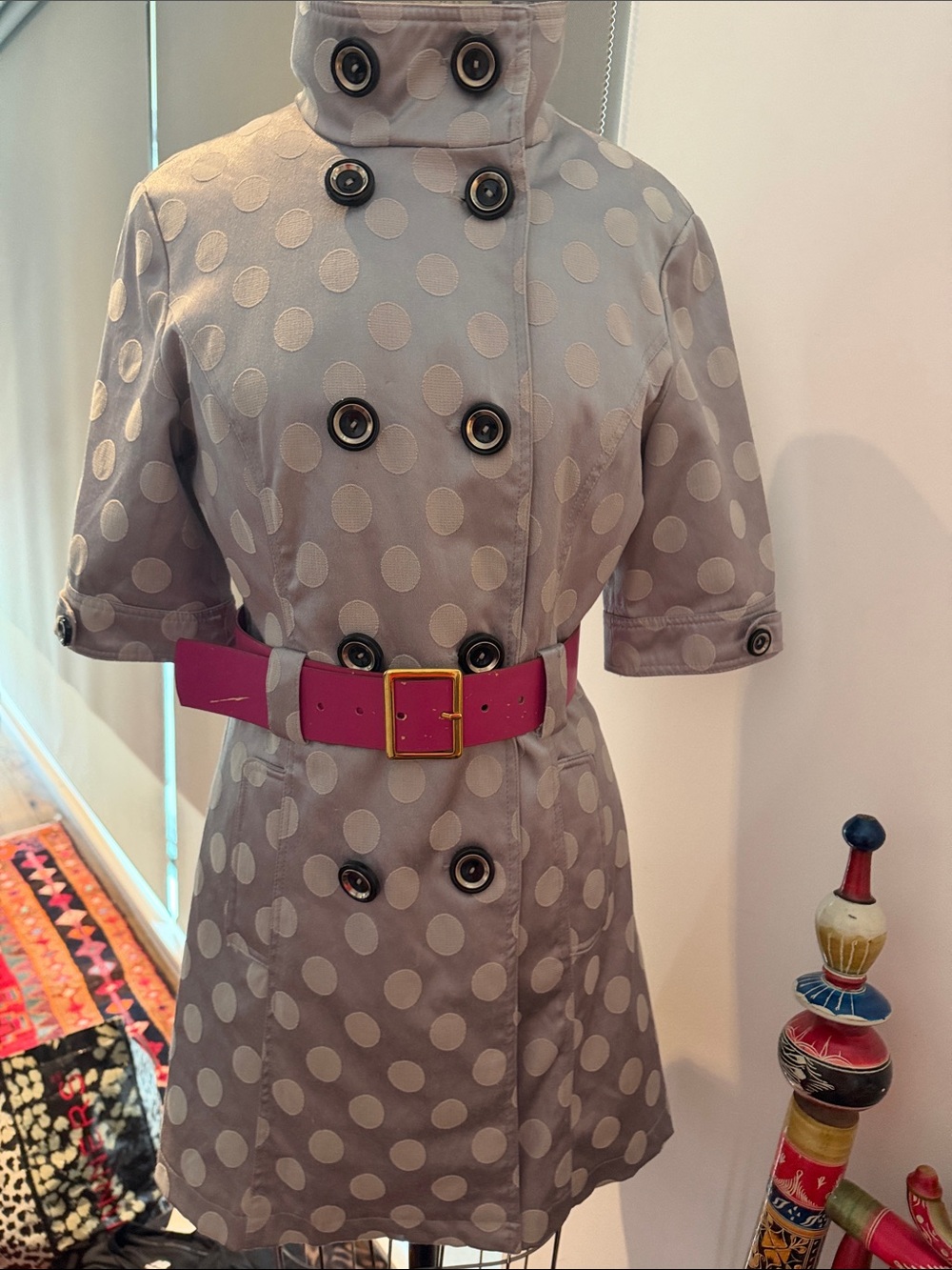 Polka Dot Trench Coat with Pink Belt